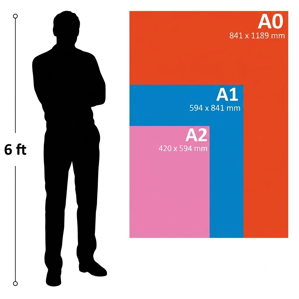 A0, A1, and A2 artwork sizes compared with a six-foot person