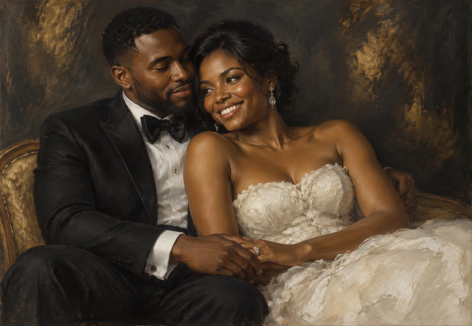 Commissioned wedding portrait of a joyful couple