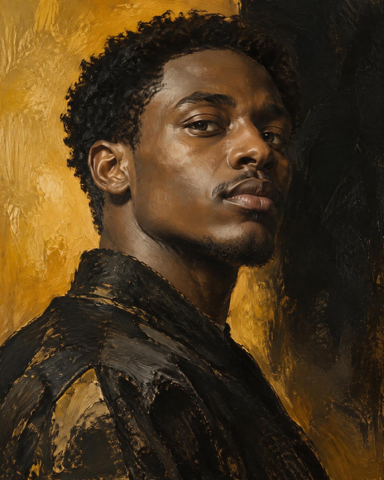 Expressive oil portrait with a gold and black background