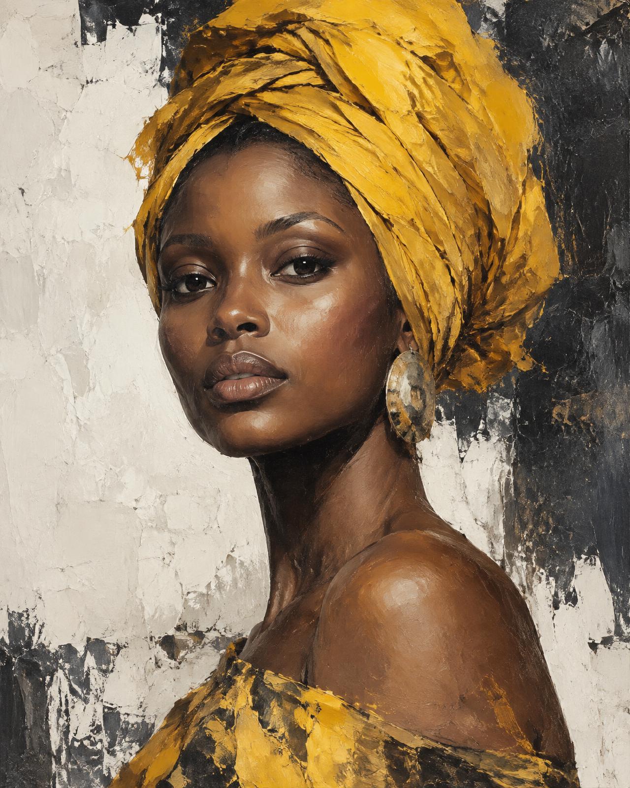 Original portrait artwork of a woman in a gold headwrap